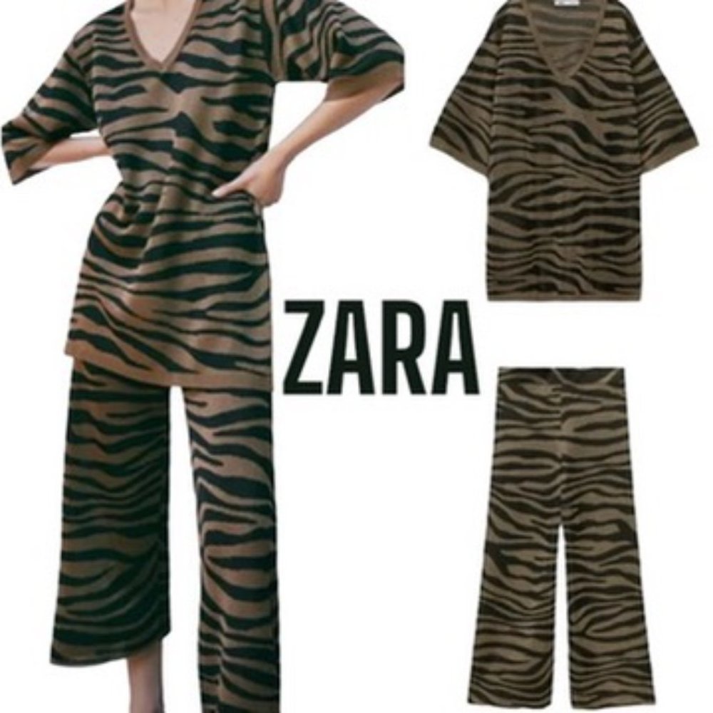 Stunning Zebra striped ZARA set copper Lurex sparkle runs through the pant & top